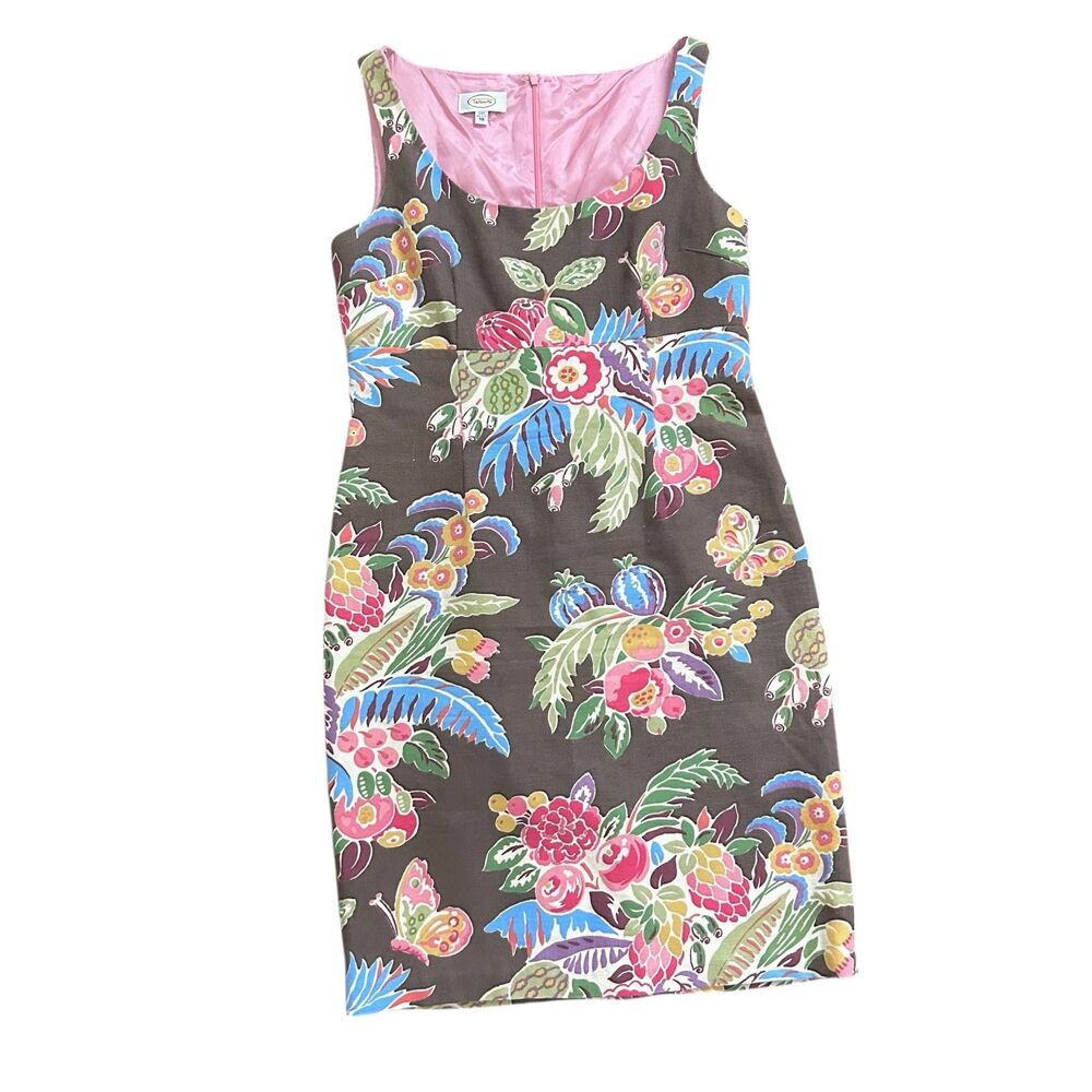 Talbots USA Floral Sheath Dress Brown Pink Lined Cotton Size 10